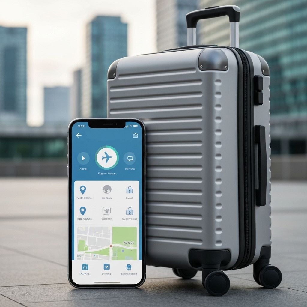 Smartphone with location app next to modern suitcase